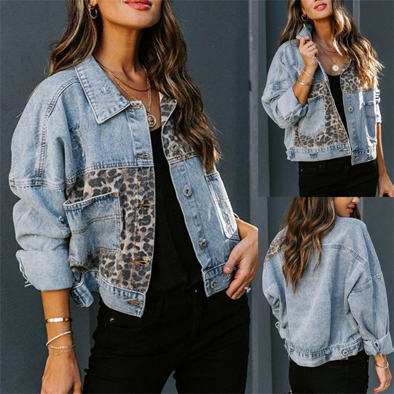 Jaket gugur dan musim dingin, jaket denim lengan wanita, cetakan leopard wanita