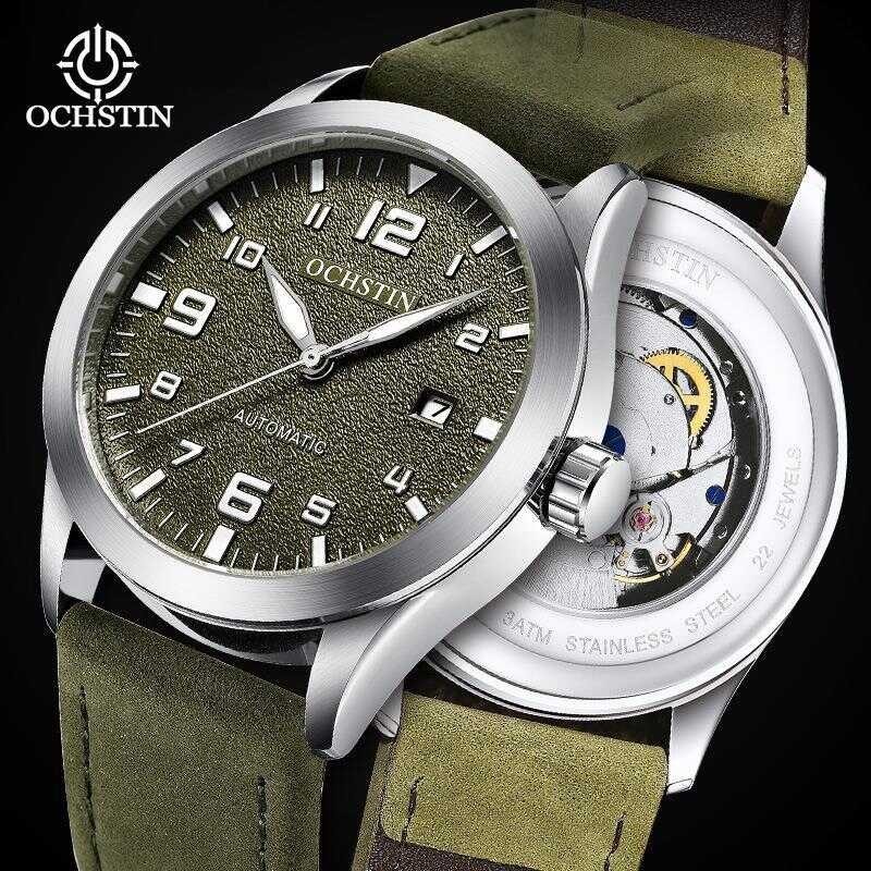 OCHSTIN Klasik Besar Dial Kulit Asli Sepenuhnya Otomatis Mekanik Trend Bisnis Biasa Jam Tangan