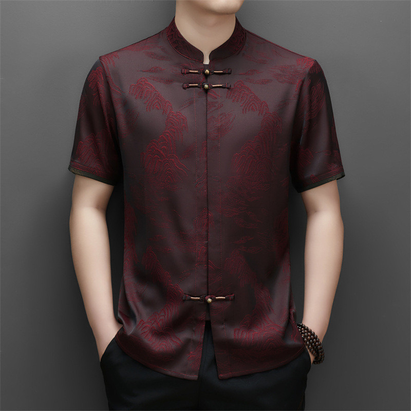 Kemeja Pria  Musim panas pria dengan seng sutera Tang pakaian angin pinggang top Cina longgar lengan
