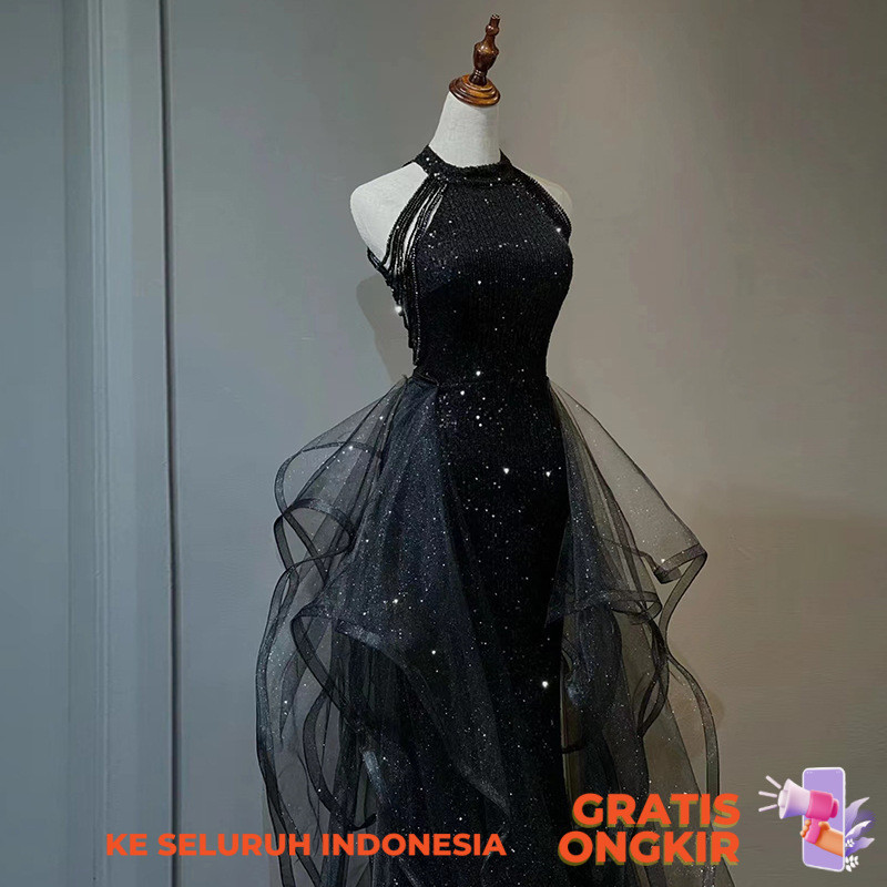 Gaun Malam  Black Sequin Banquet for Women 2024 New Tailed Party Host Adult Evening Dress  Import