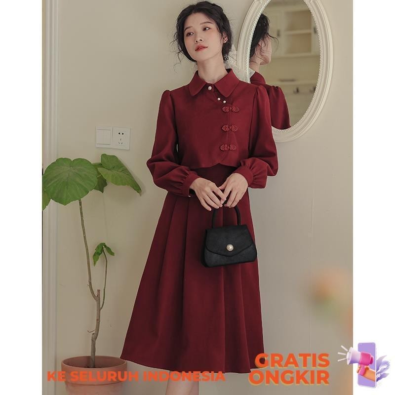Gaun Malam  Gaya Cina baru pertunangan gaya Cina, roti tahun lahir, anggur merah gugur dan cheongsam