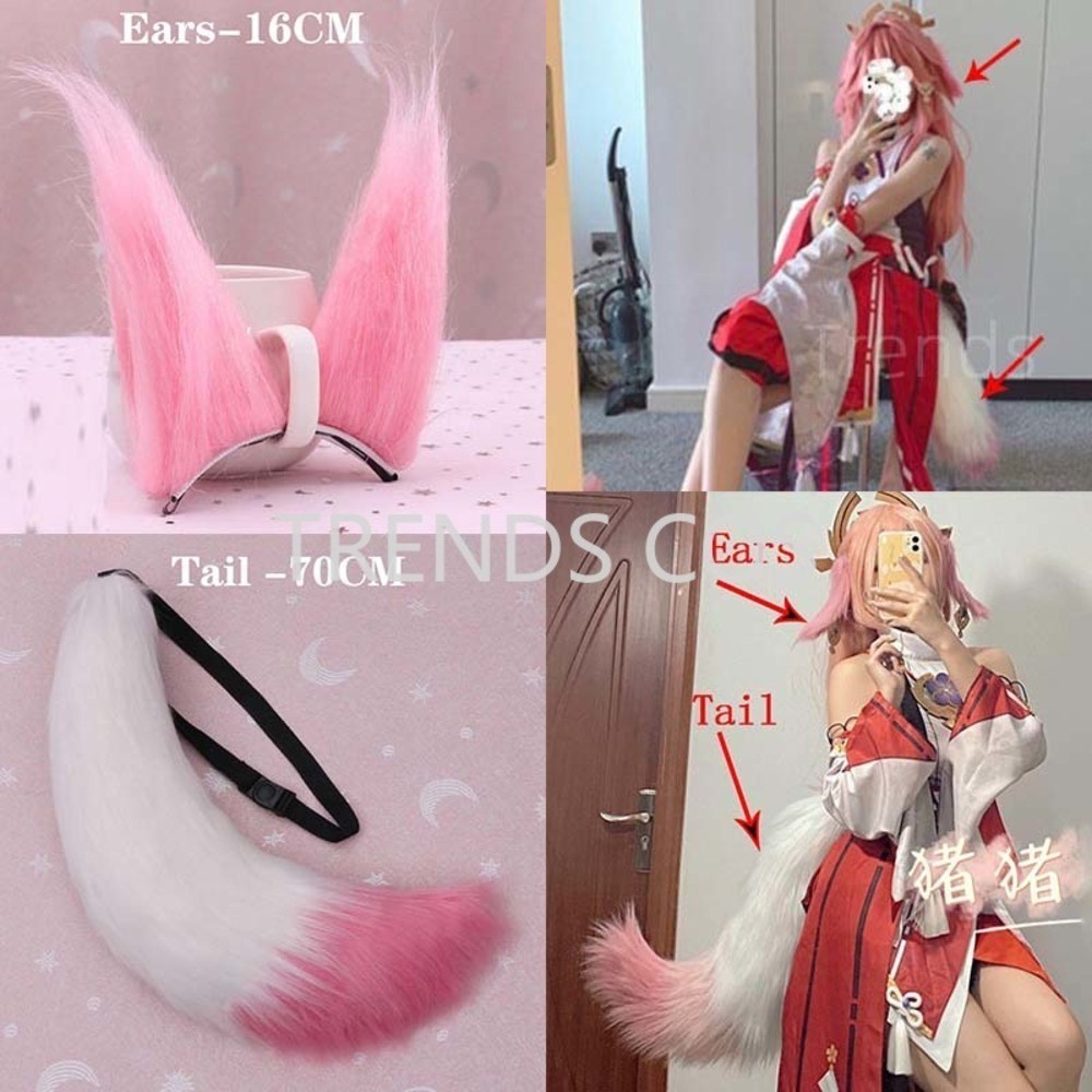 Yae Miko Plush Handmade Cosplay Props Pink Fox Ear Tail Wig