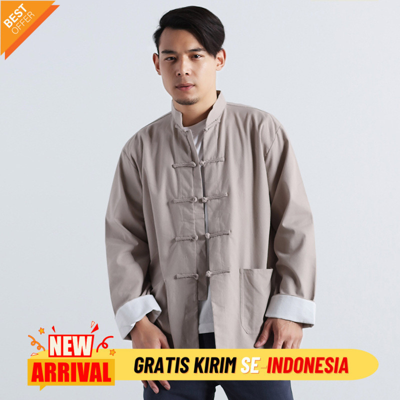 Kemeja Kasual Premium Import  Musim semi 2022 berdiri collar Cina meningkatkan kaos baju berbutang p