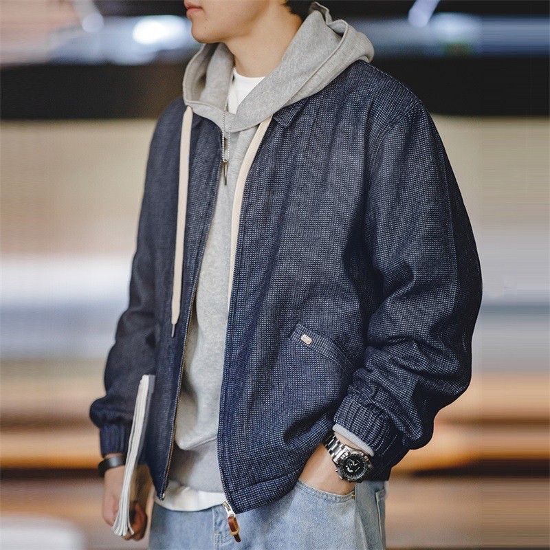 Pakaian kerja Madden American denim boxy pelatih kota bebas jaket kerah untuk pria semi dan musim gu