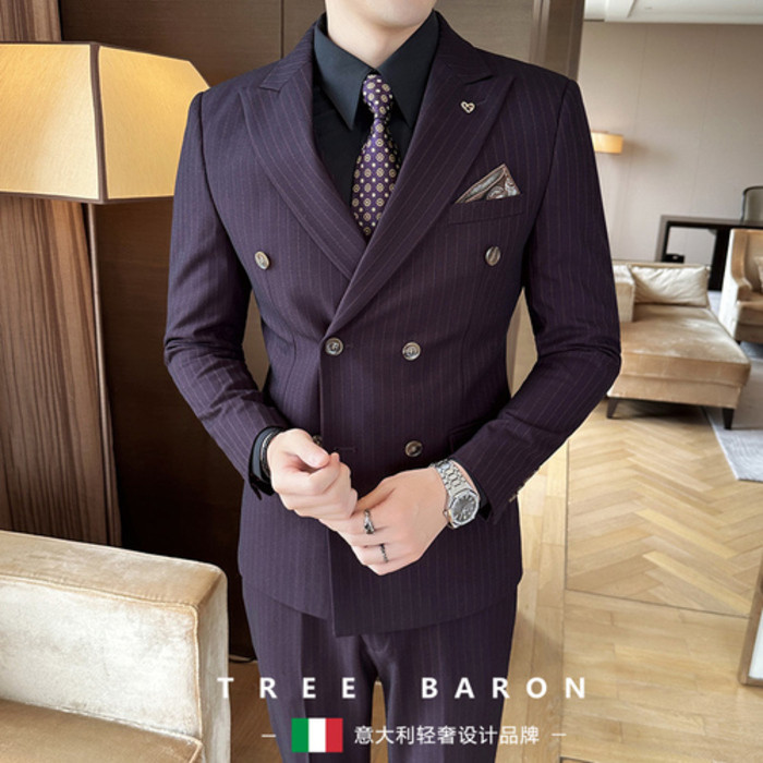 Pakaian pernikahan pengantin ungu tinggi, laki-laki, gaun yang cocok licin,  dan   striped dua payud