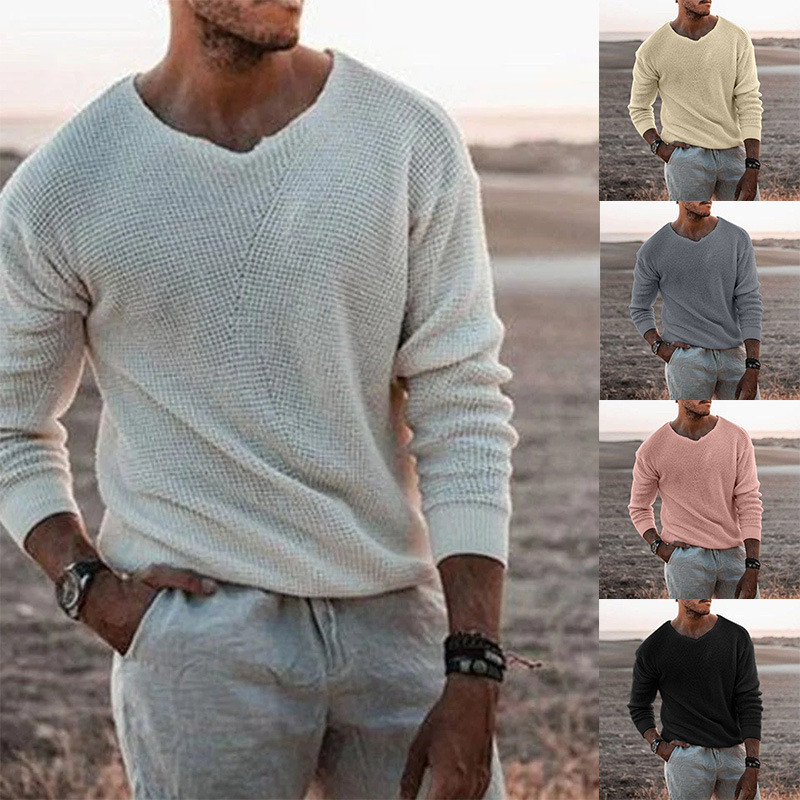 fashionable, berkaitan, sweater casual loose fitting, V-neck panjang pullover lengan, pakaian pria y