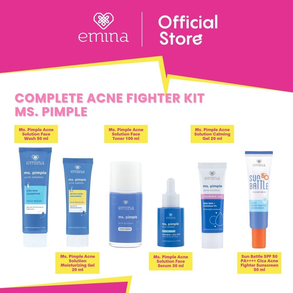 COMPLETE ACNE FIGHTER KIT MS.PIMPLE face wash, moisturizer, face toner, face serum, calming gel, sun