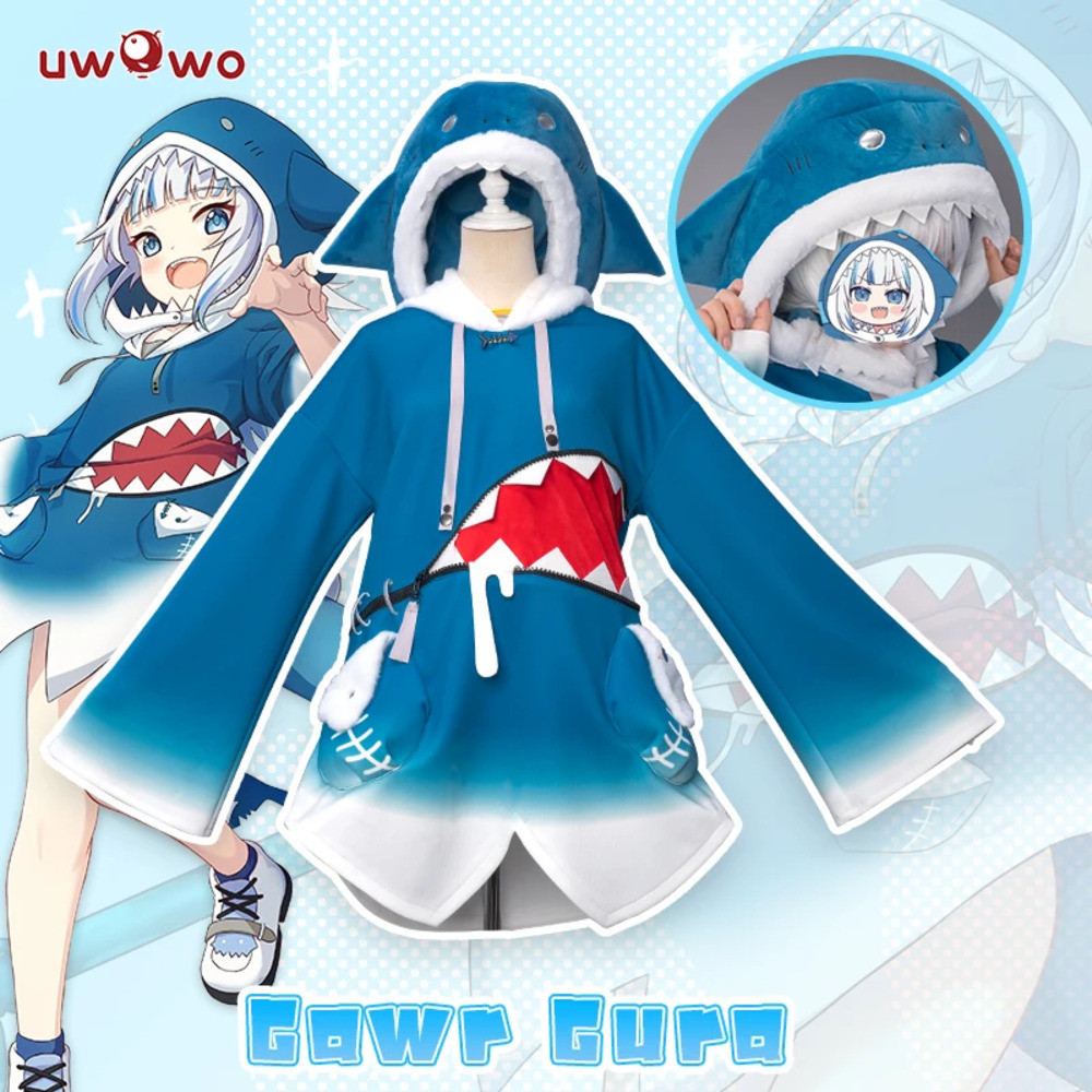 Stok tersedia Cosplay UWOWO Hololive Gawr Gura hiu ENG dengan topi kostum Halloween Anime BodyShark 