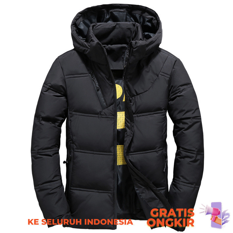 Jaket Tebal Pria  Jam turun, pria dengan topi pendek, bebek putih turun di luar jaket musim dingin