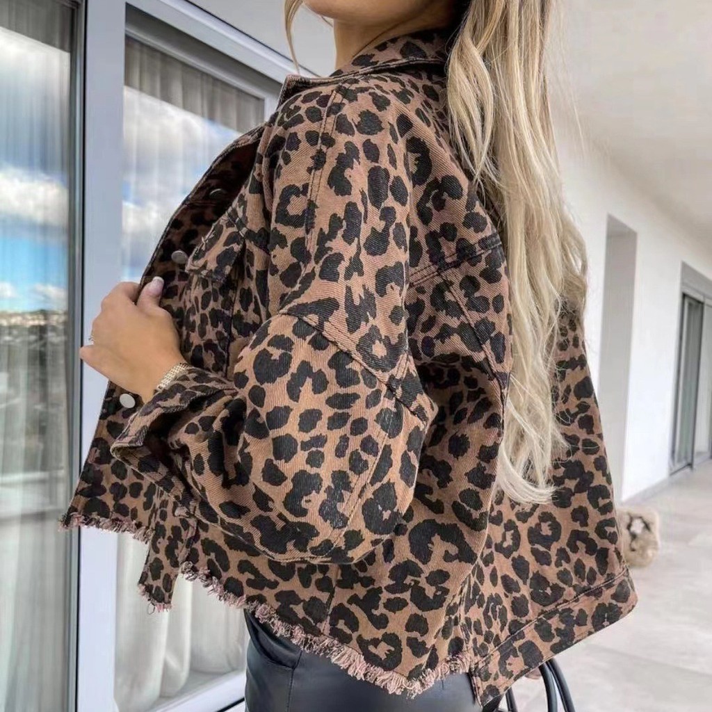 Jaket Denim 2023 musim gugur baru produk leopard cetak jaket denim untuk wanita