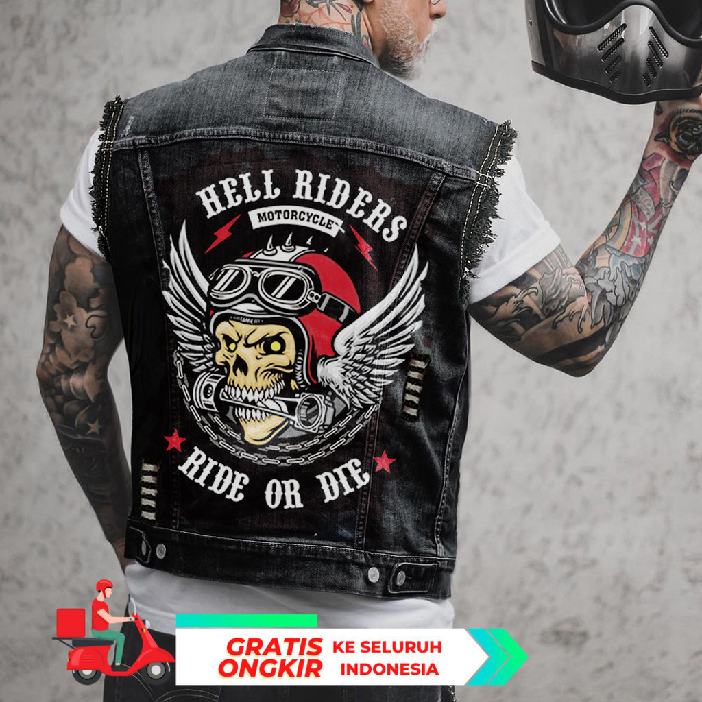 2288 * Motorcycle Bone Print Fashion Casual Punk Men's Denim Vest