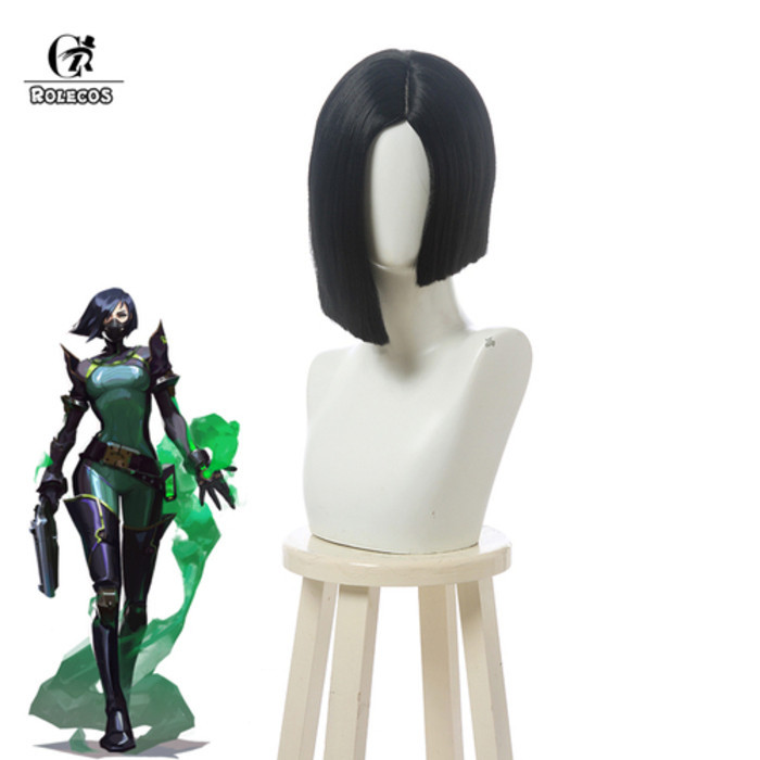 Permainan ROLECOS Valorant Viper Cosplay Wigs 35cm Short Black Wig Halloween Hair Synthetic Resistan