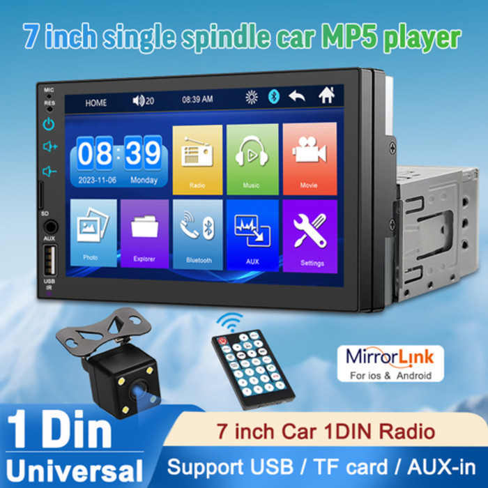 AHOUDY 7Inch 1 Din Car Radio Stereo 1Din MP5 Player Bluetooth FM Receiver Mirrrolink Carplay Android