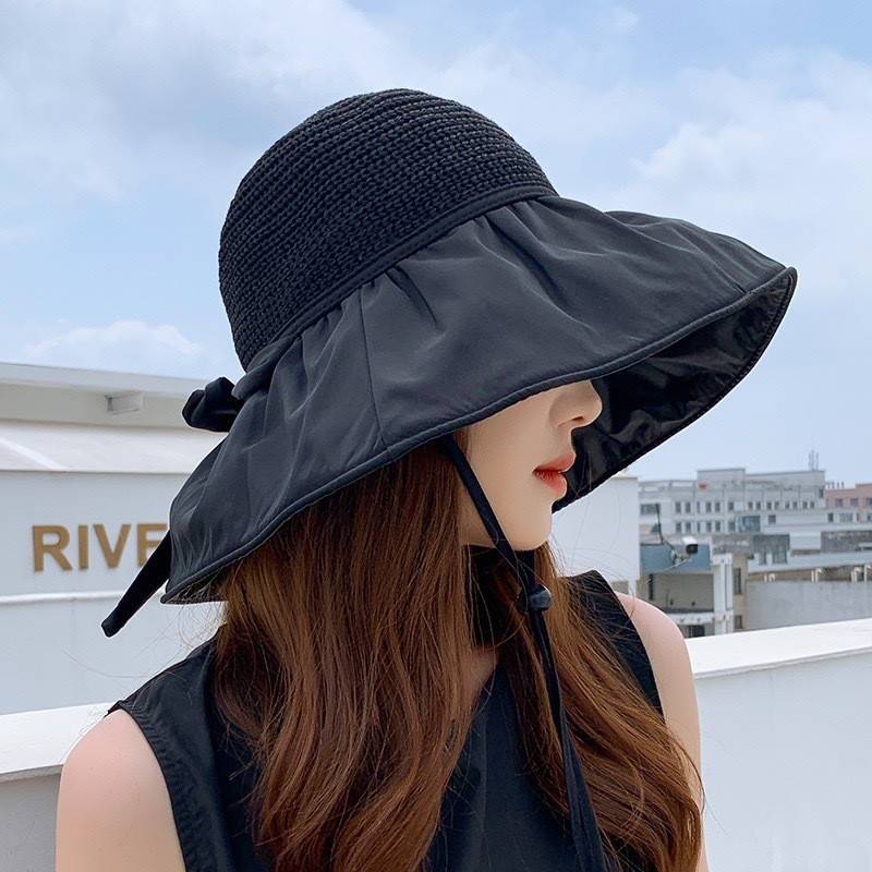 

Tempat Pensil Topi Wanita Summer Sunscreen Black Gel Bow Sunshade for Women, Japan, South Korea with UV Protection Big Eaves to Cover Face and Best Brand Import Best Brand Import