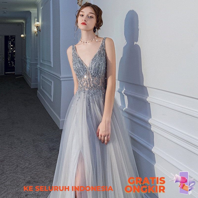 Gaun Malam  Setahun Dresses for Women 2023 New Party Slim Sexy Backless Sequins Banquet Host Evening