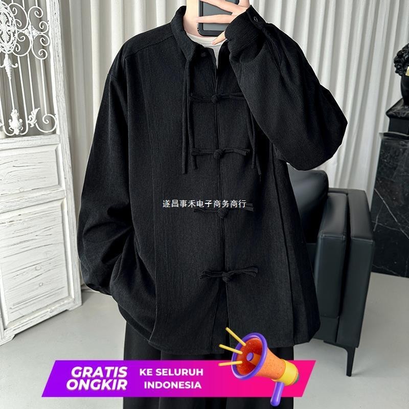 Kemeja Pria  New Wear Chinese Style Pan Button Men's Long Sleeve China-Chic High Sense Shirt Coat Sp