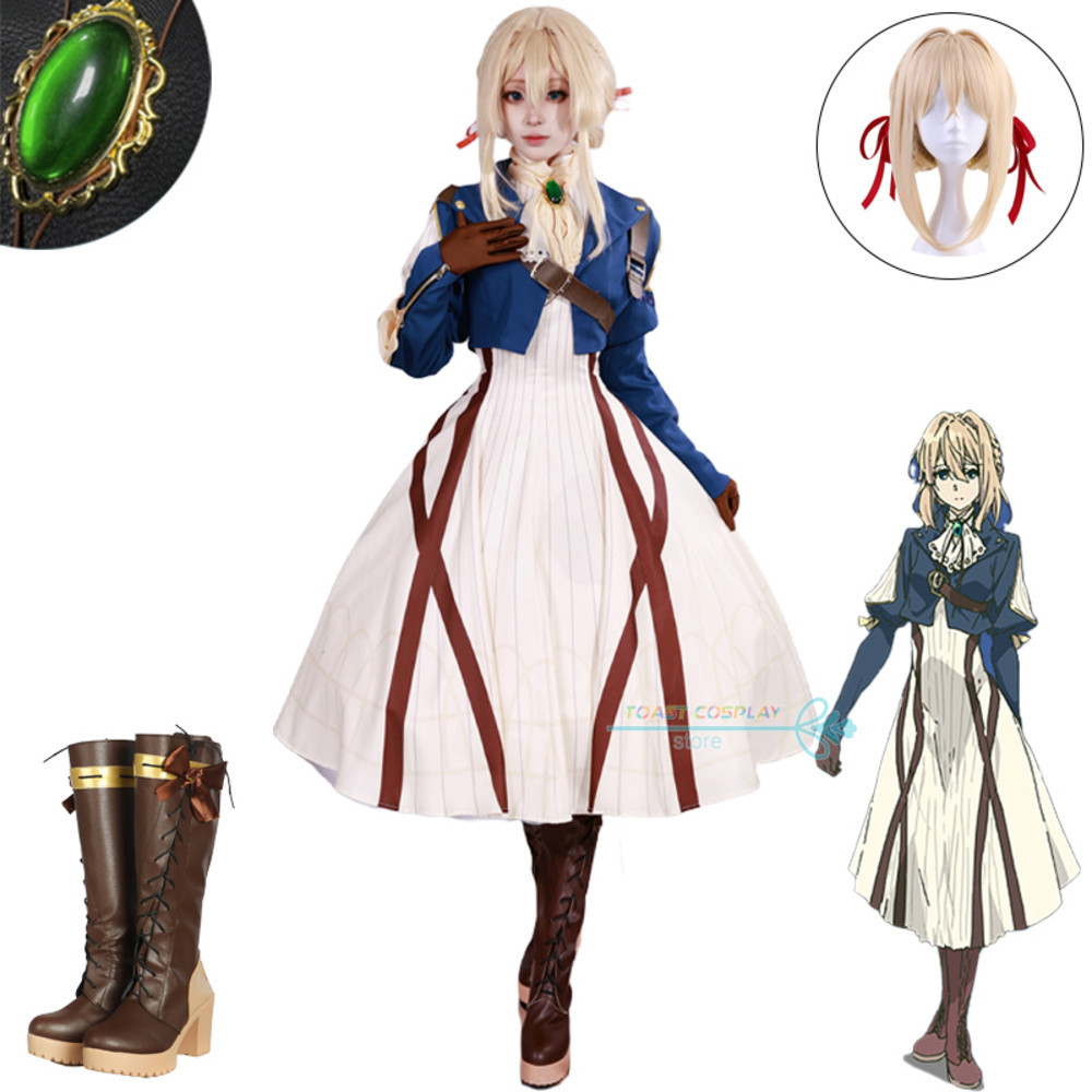 Violet Evergarden Cosplay Costume Wig Shoes Full Set Halloween Party Outfits Anime Cos Women Dress