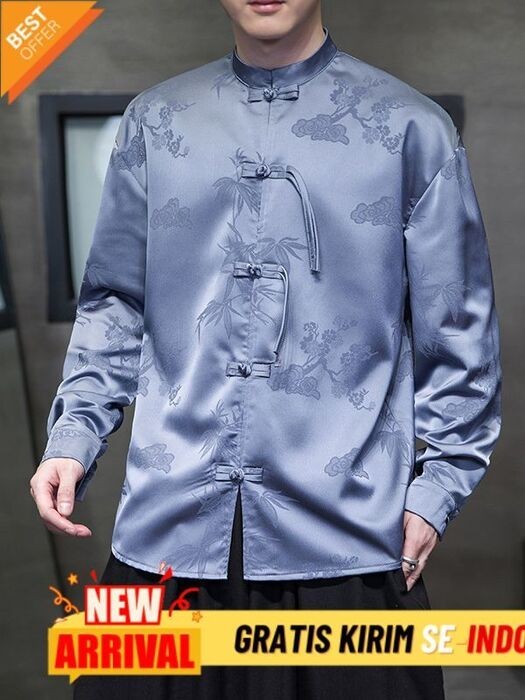 Kemeja Kasual Premium Import  2023 Musim gugur pria baru Satin Jacquard lengan panjang dengan gaya C