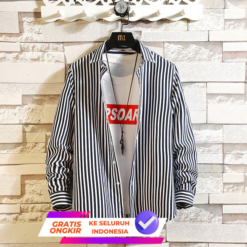 Kemeja Pria Casual Pria  Kaos lengan panjang lelaki striped baju modus licin cocok bisnis biasa kaos