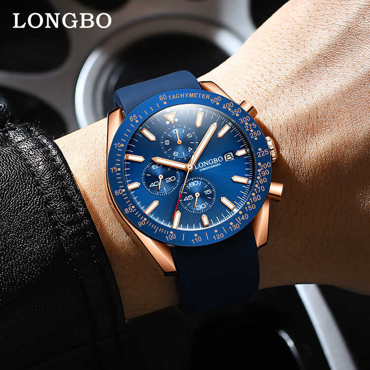 Longbo Brand Waterproof Night Glow Multi Functional Silicon Tape Steel Band Men's Watch