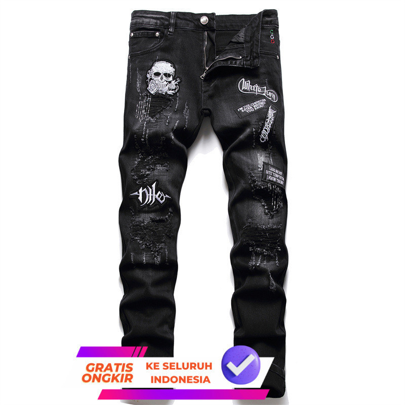 New 2024  Spring Punk Men's Jeans Pria Embroidered Denim Pants Cone Mid Waist Casual 3176