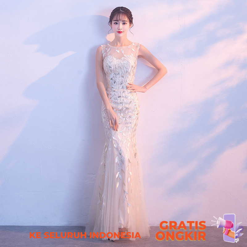 Gaun Malam  Malam wanita 2023 New Champagne Banquet Noble and Elegant Host Long Fishtail Party berpa