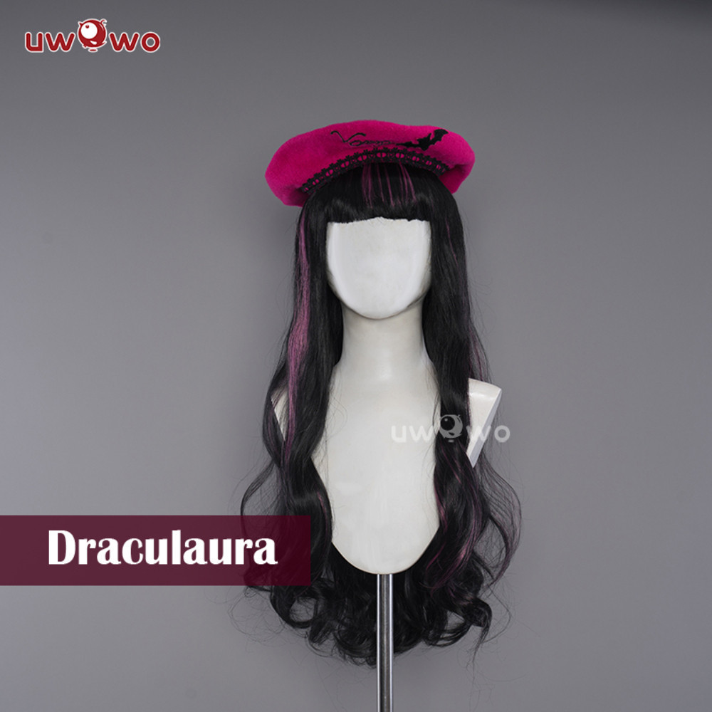 UWO Monster High Cosplay Draculaura Kostum Wig Hitam dan Pink 75CM Panjang Hair Heat Resistant