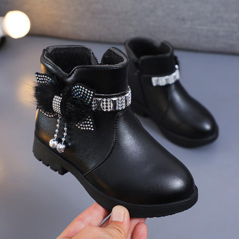 Anak-anak Gadis Panjang Tengah Warm Kulit Sepatu Bayi Bow Cute Shoes Plush Winter New Student Two Co