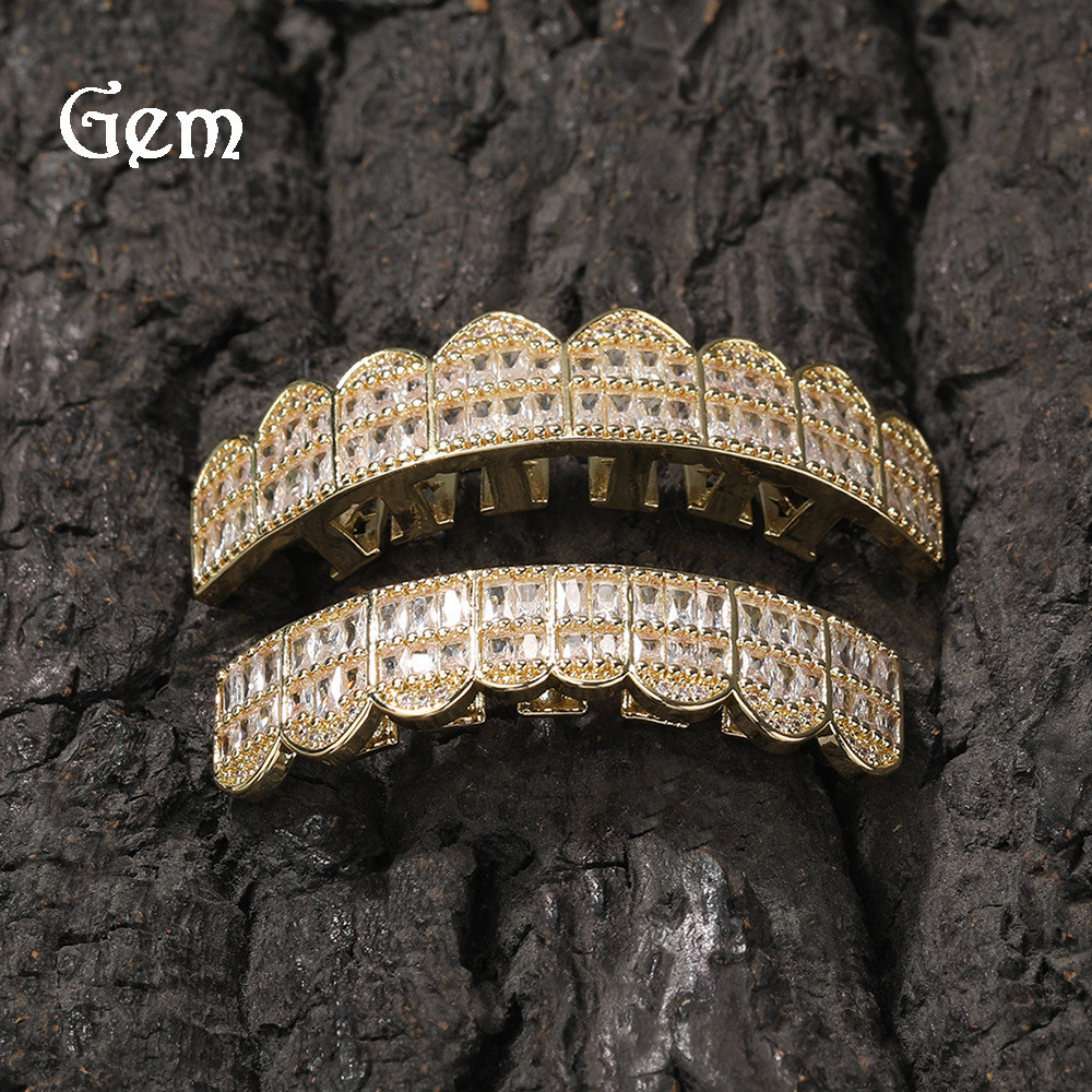 Casing Gigi Emas HIPHOP Trendi Eropa dan Amerika Pelapisan Emas Asli T-8 Gigi Zircon Hip Hop Perhia