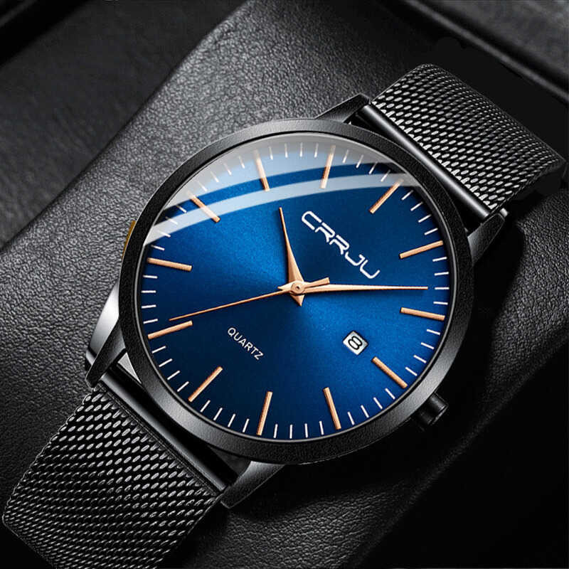 CRRJU Slim Fashion Watches Ultra Thin Cool Quartz Men Date Mesh Strap Waterproof Dress Watch Bl