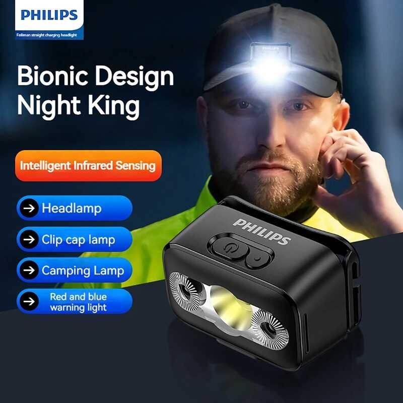 PHILIPS LED Headlamp Sensor Kepala Sepuluh Jenis Tipe-C Pencahaya Diisi Ulang Lampu Ikan Kempin