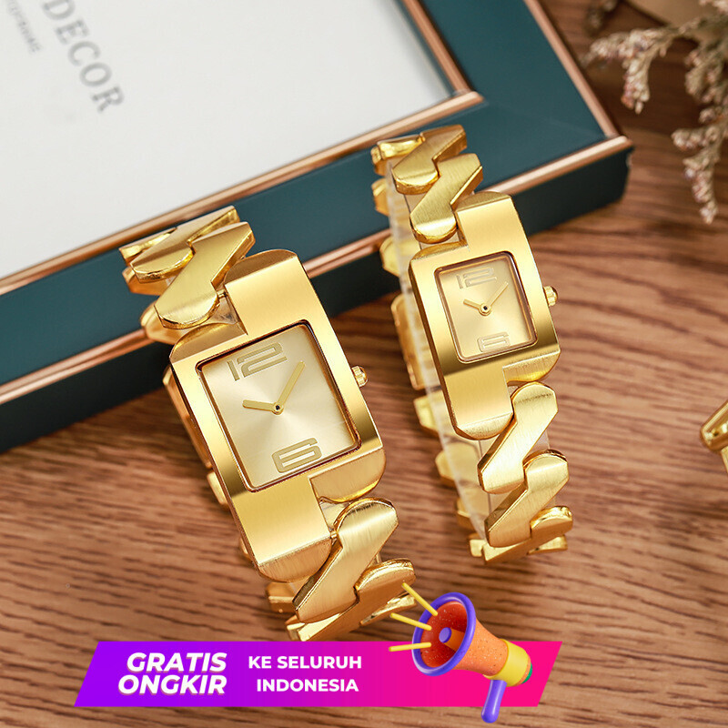 Jam Tangan Wanita  Liu's Square Couple Quartz dengan Luxury Cahaya dan Fashionable Gold Classic Midd