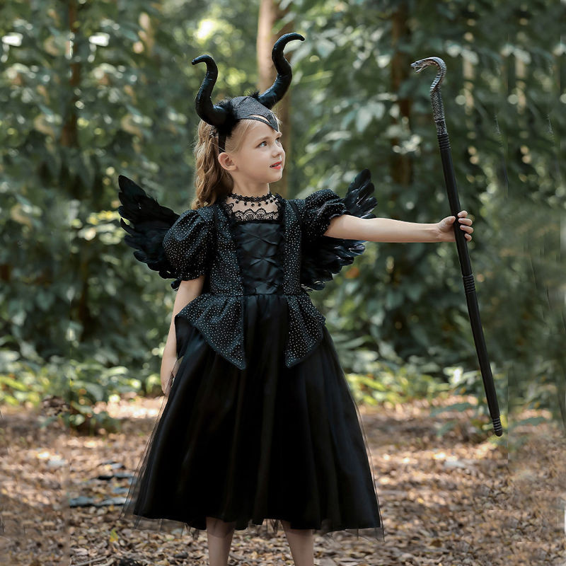 Kostum Anak Halloween Gaun Bermain Peran Anak Perempuan High-end Penyihir Warna Hitam Seri Hitam Ga