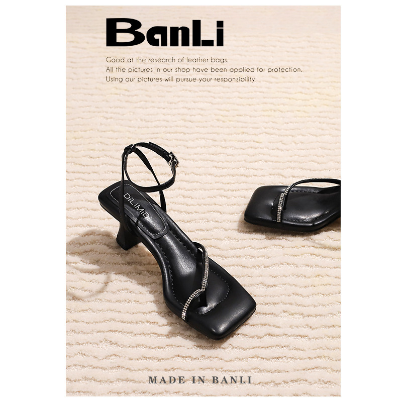 Banli hitam persegi gaun sandal wanita 2024 musim panas baru dengan sepatu tumit kasar