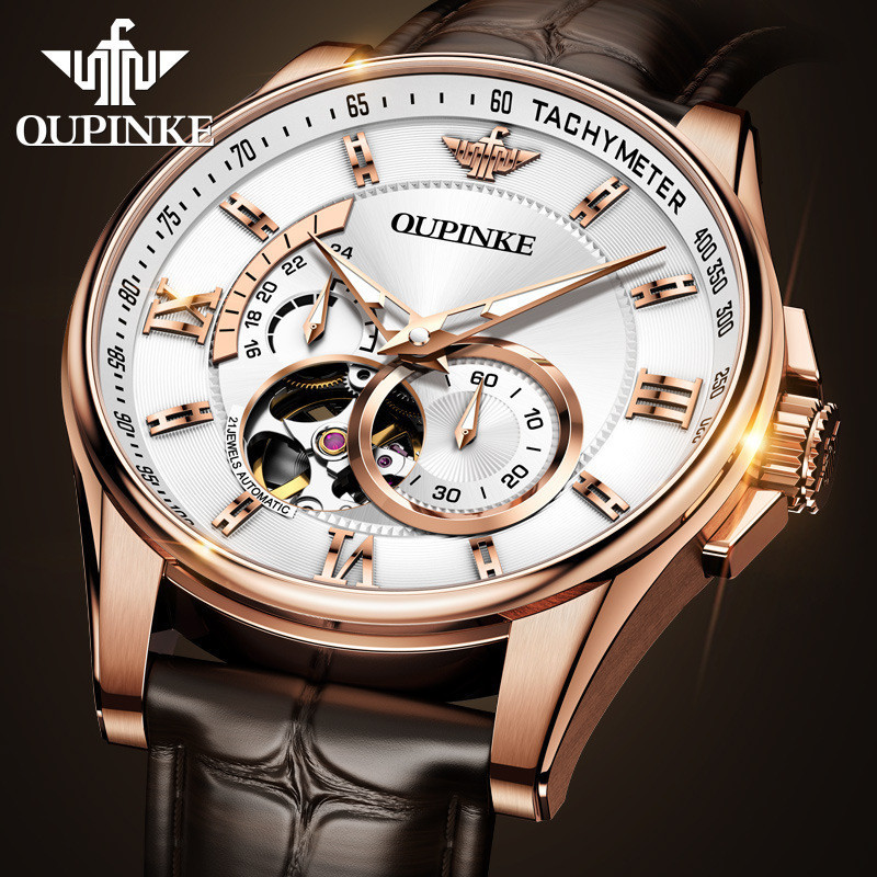 Pemerintah Celebrity oupinke, tangan merk Eropa, mekanik sepenuhnya otomatis, jam kulit asli pria, l