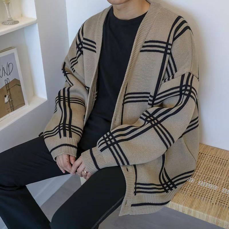 Pakaian pria Cardigan Plaid Knit Sweater Pria V Neck Long No Hoodie Wool Kasual Produk Penjualan ter
