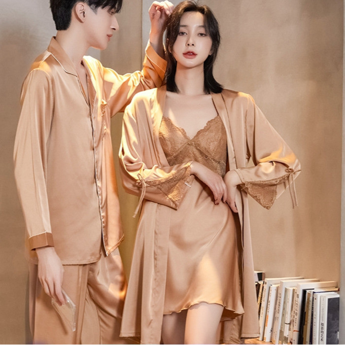 

2024 Pasangan baru s Wanita High end Internet Red Wind Summer Ice Silk Sling Pajama Dress Men's Spring and Autumn Set