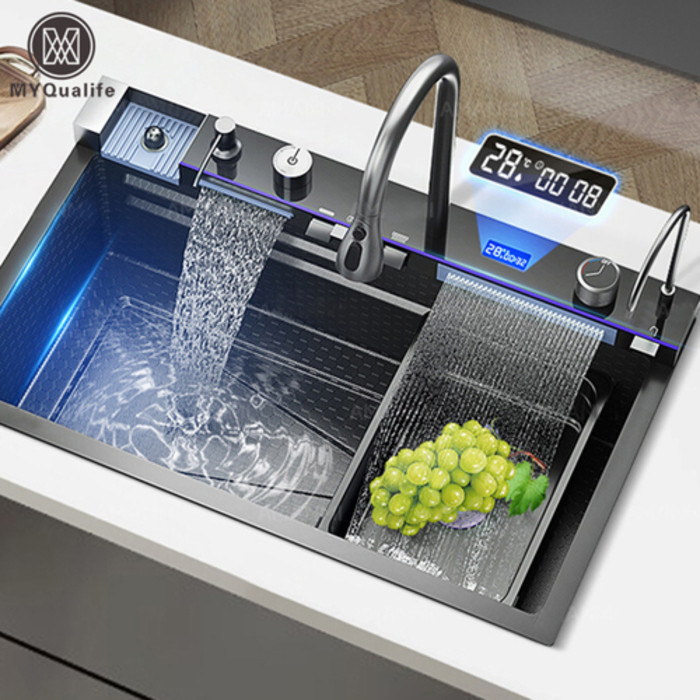 

304 Stainless Steel Waterfall Kitchen Sink Large Single Slot Integrated Digital Display Faucet Set Soap Dispenser Cup