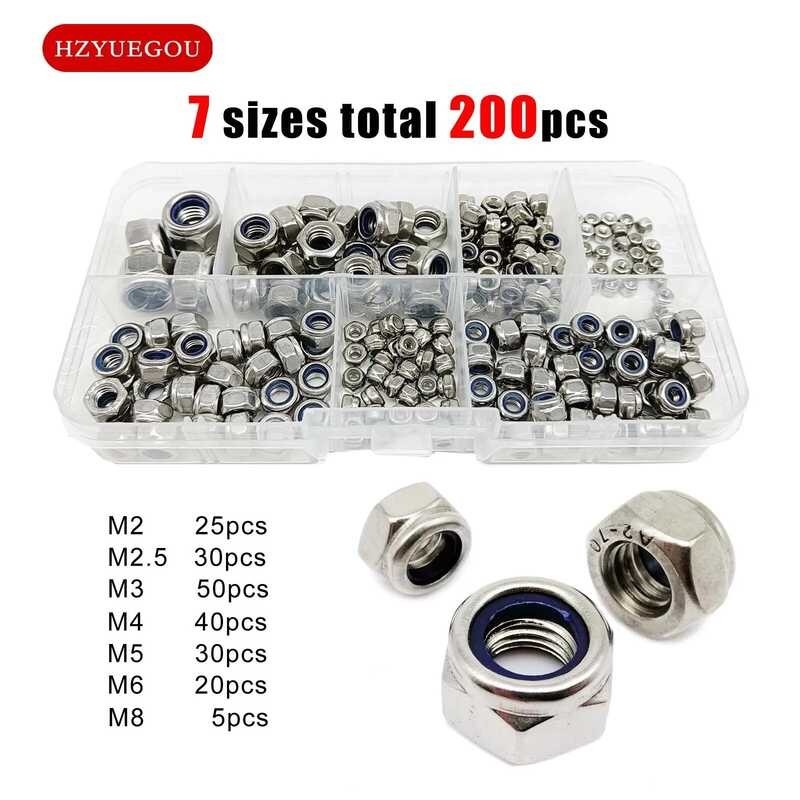 200pcs DIN985 Hex Nylon Masukkan Self Lock Nut Nylock Locknut Assortment Kit Set M2 M2.5 M3 M4