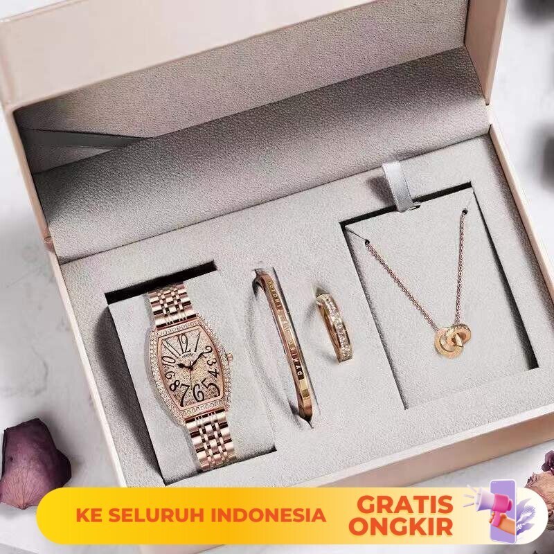 Jam Tangan Wanita  Gift Box Live Full Diamond Watch Set Steel Band Quartz Women's New Style