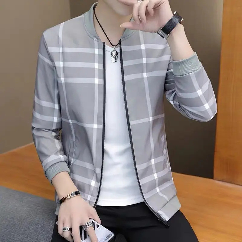 2023 Summer New Men Jacket Coat Korea Fashion Thin Section Disin Plaid Baseball Uniform Youth Boutiq
