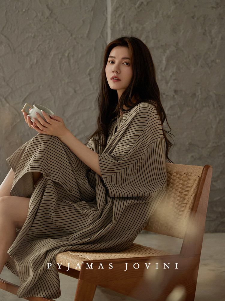 baju tidur wanita piyama  Women's Summer Short sleeved Long Skirt Stripped Pure Gauze Baby Cotton Be