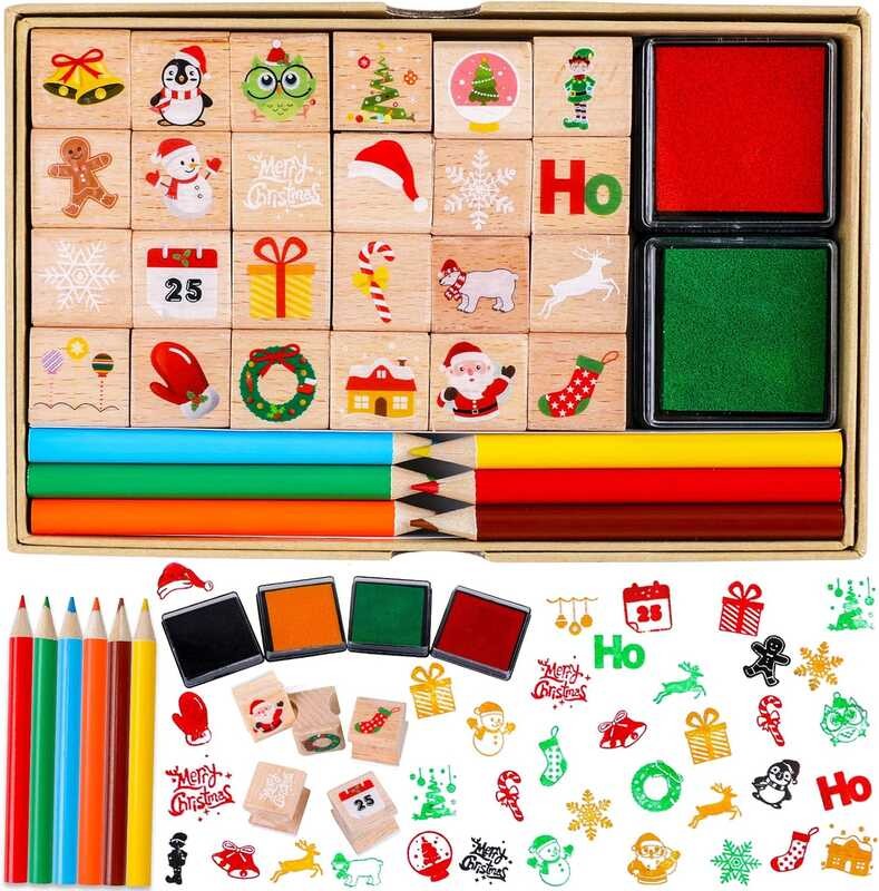 

Konsait 34 A.B.C.D.E. wooden Christmas stamps with stamp pads, colored pencils, holiday wooden