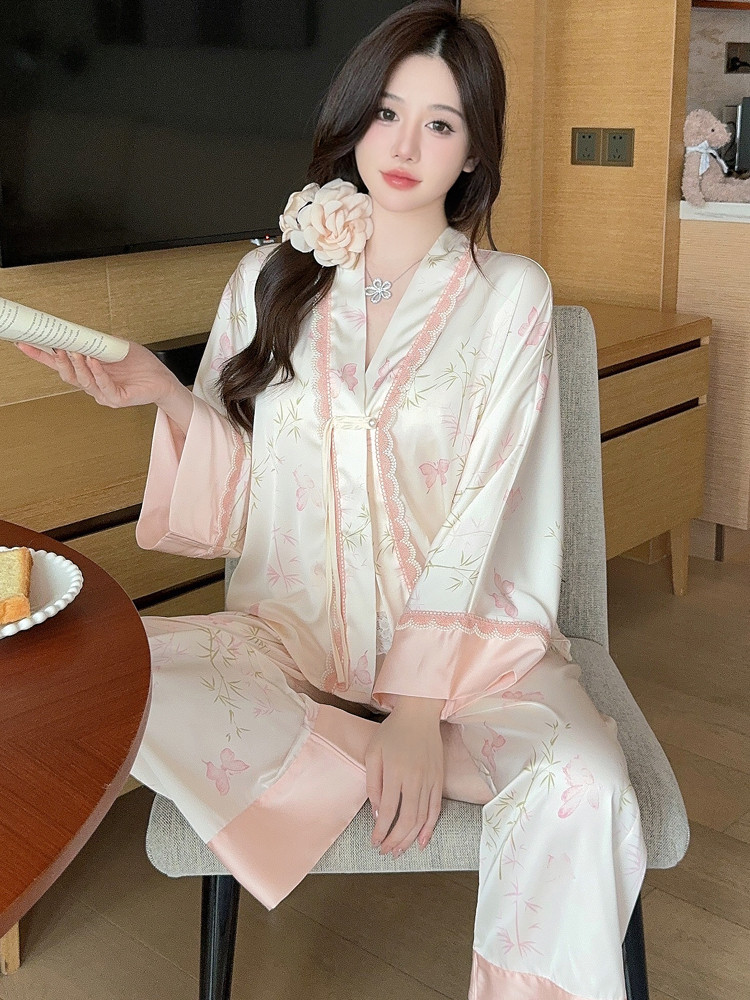 baju tidur piyama  Musim semi musim panas piyama sutra es wanita, gaya Cina baru, suspender manis da