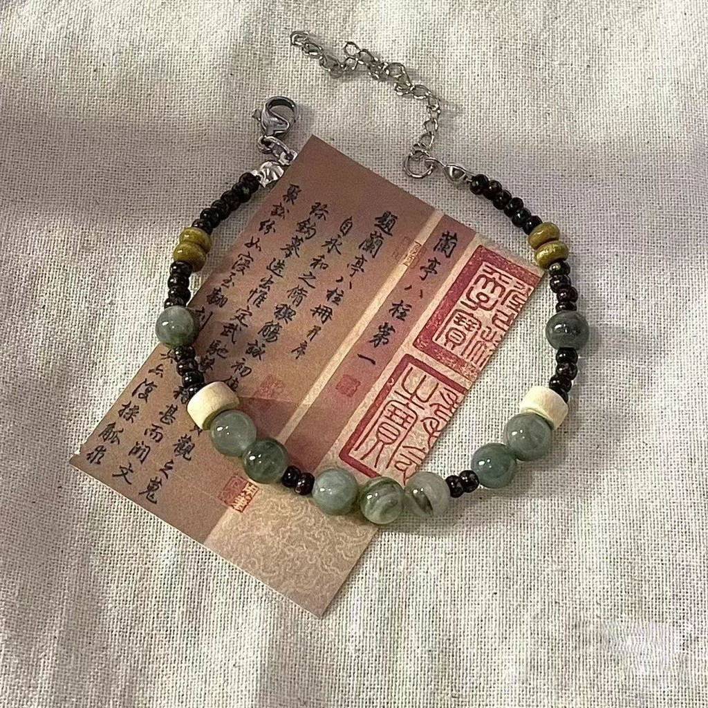 ♞,♘,♙Gelang keberuntungan tinta kosong teh hijau retro gelang gaya Cina baru gelang manik-manik kere