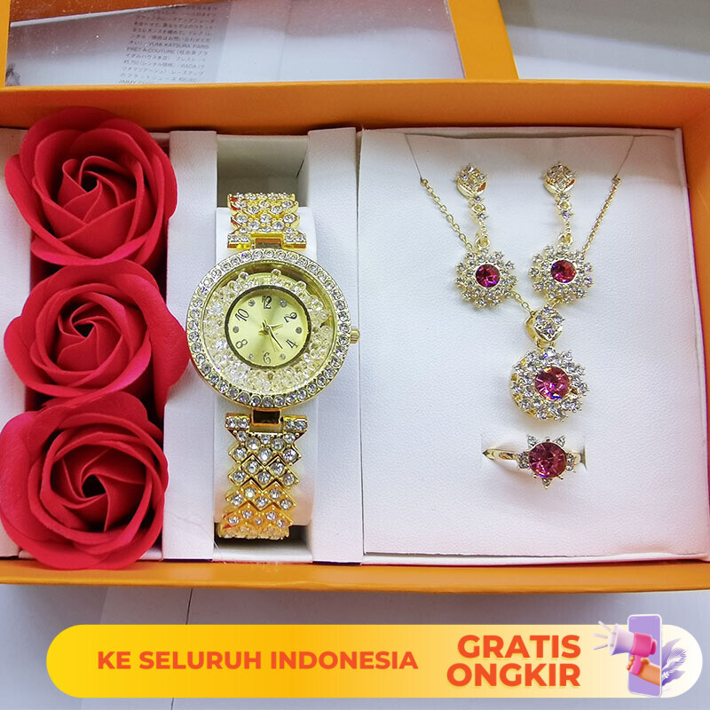 Jam Tangan Wanita  Rose Exquisite Diamond Set Women's Jewel Gift Box with Pomegranate Red Earrings, 