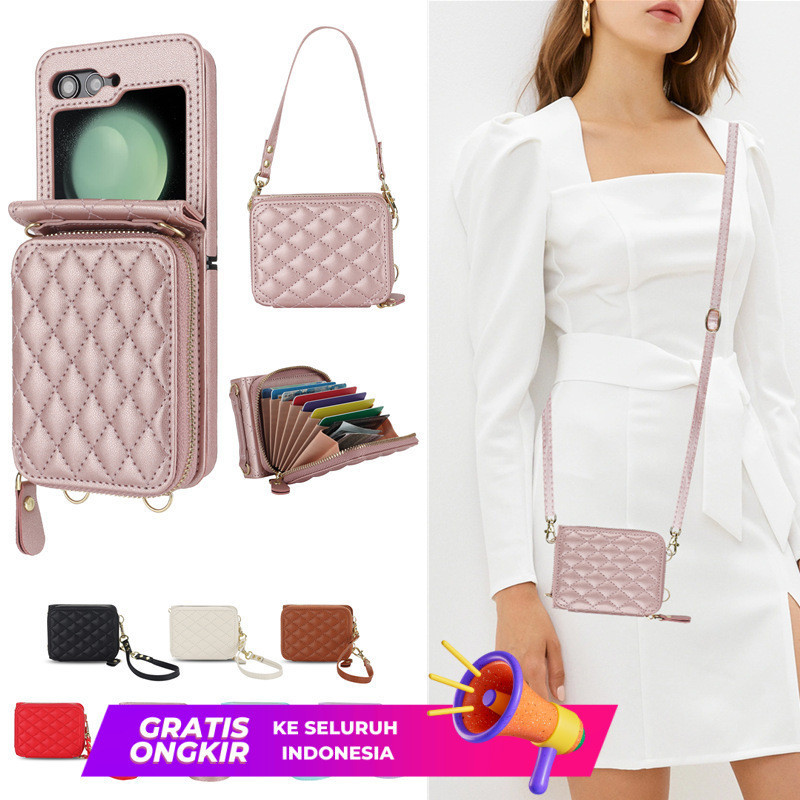 Case HP  Sesuai untuk ZFlip5 yang bisa dilipat, penyisipan kartu Korea, Samsung Flip4 cross body sed