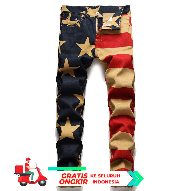 New 2022 Spring Punk Men's Jeans Cetak Denim Pants Cone Mid Waist Casual 3274  Import
