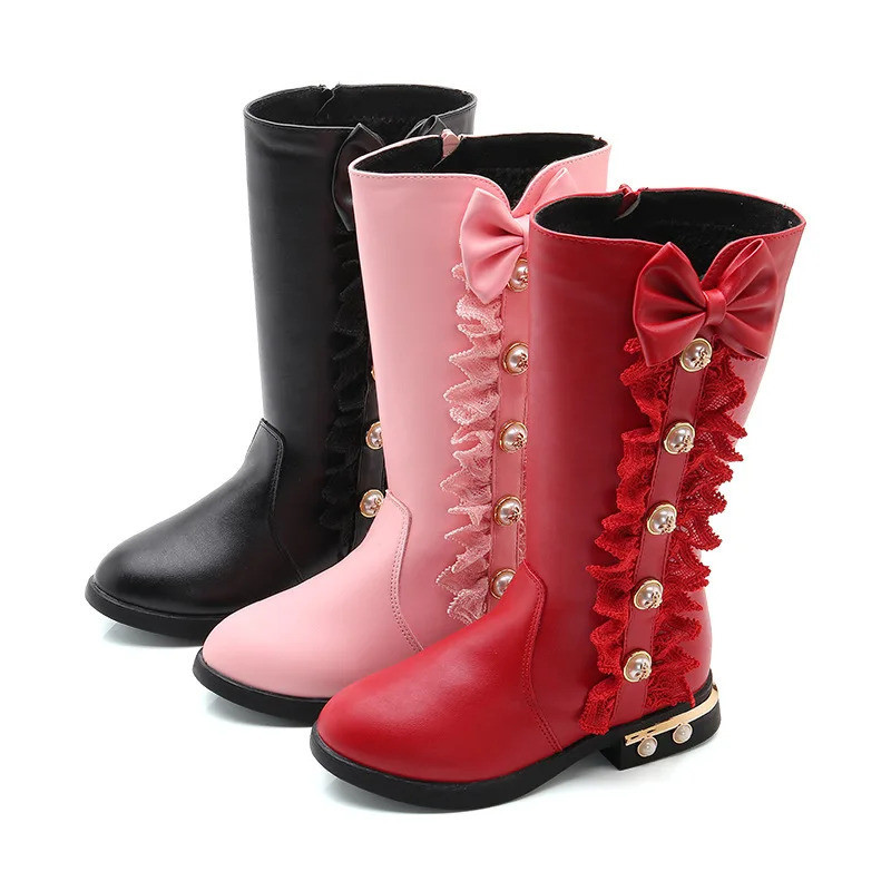 Girls Musim dingin Puteri Boots Lace Pearls with Bow-knot Sweet Warm Cotton Fur Lining Anak-anak sep