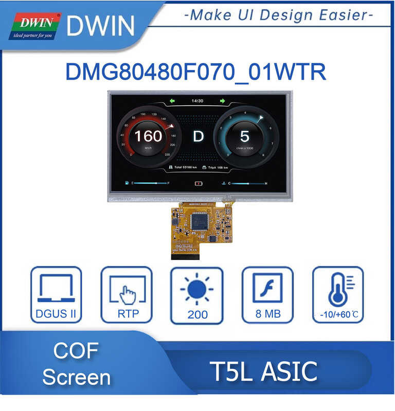 7 inci, resolusi DWIN 800*480, 262K warna, -TFT-LCD, struktur COF, Skrin Sentuhan Resistif, UAR